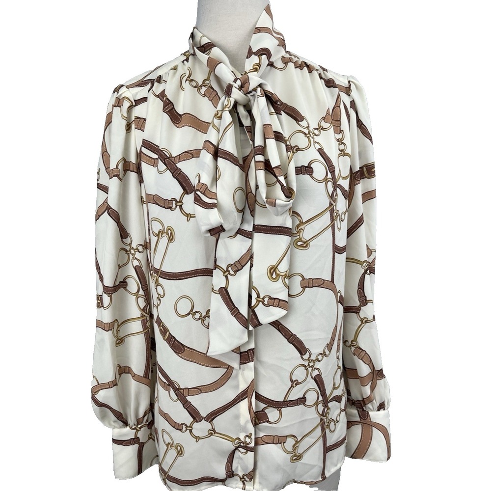 Ralph Lauren Equestrian Belting Print Georgette Tie Neck Blouse Small Cream Tan
